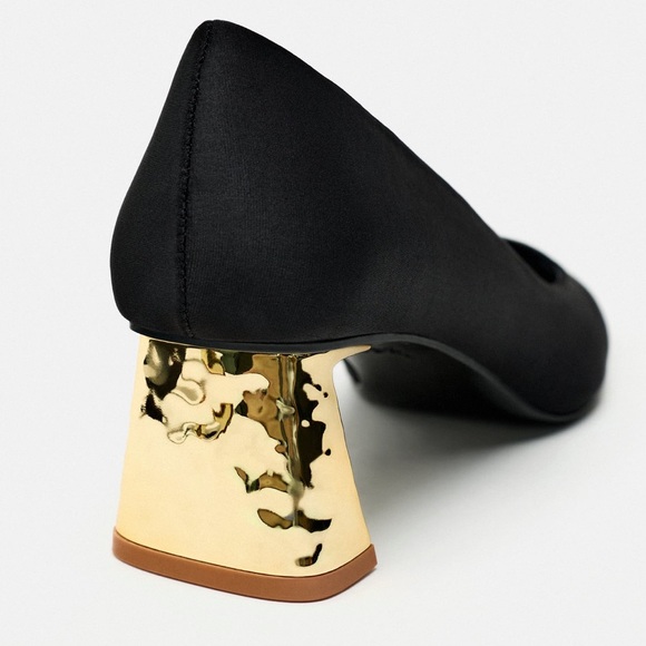 Zara Black Satin Heels With Metallic Gold Block Heel - Picture 3 of 11